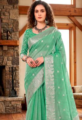Sangam prints teal cotton blend woven work traditional saree 3
