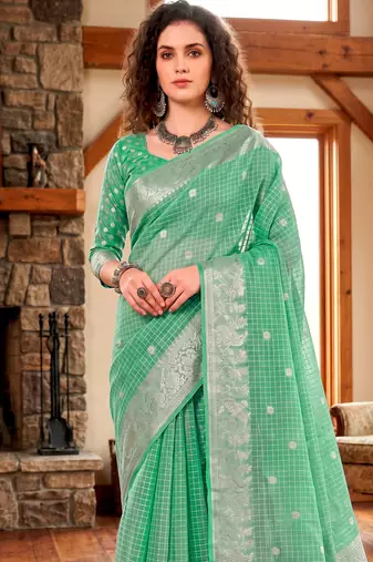Sangam prints teal cotton blend woven work traditional saree
