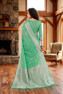 Sangam prints teal cotton blend woven work traditional saree 4