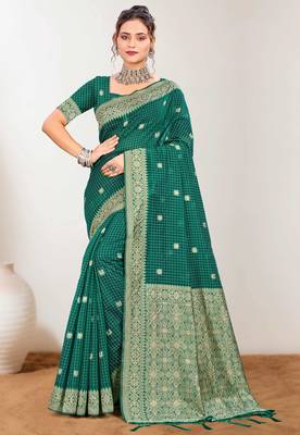 Sangam prints green cotton blend woven work traditional saree 1