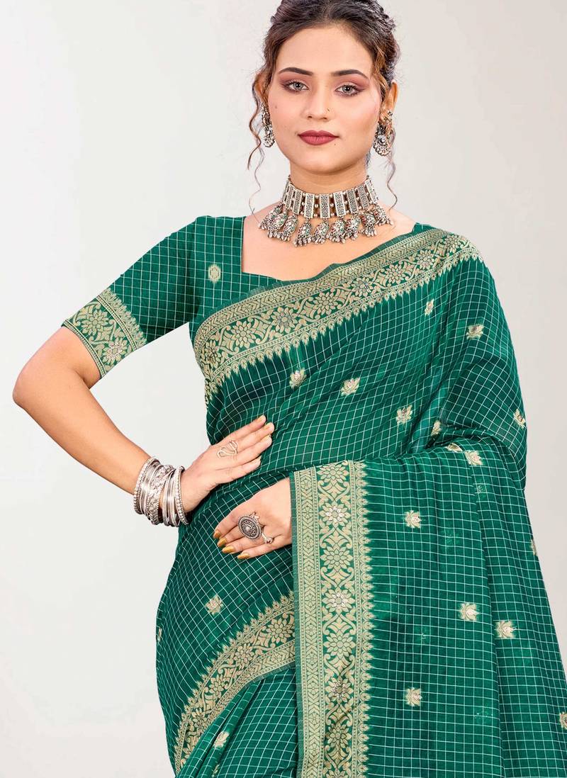 Sangam prints green cotton blend woven work traditional saree