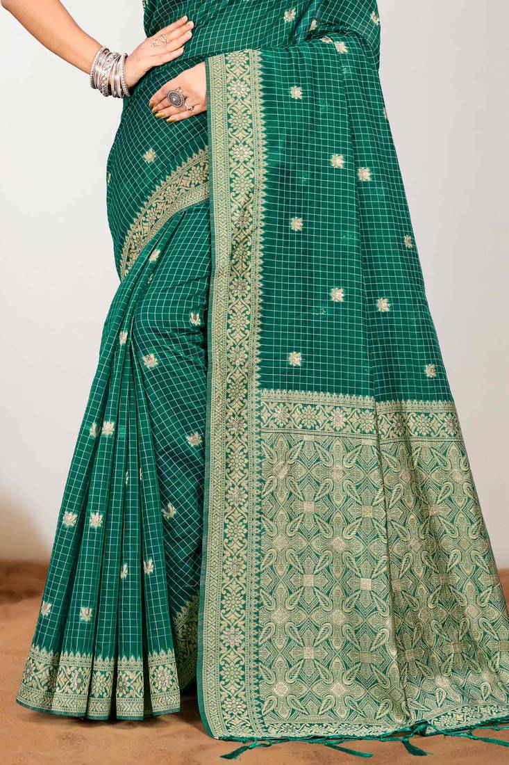 Sangam prints green cotton blend woven work traditional saree