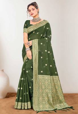 Sangam prints mehndi green cotton blend woven work traditional saree 1