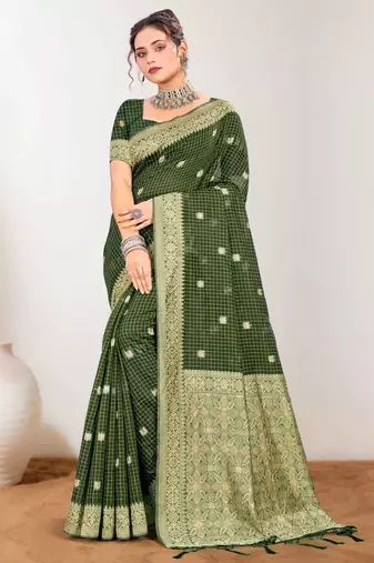 Sangam prints mehndi green cotton blend woven work traditional saree