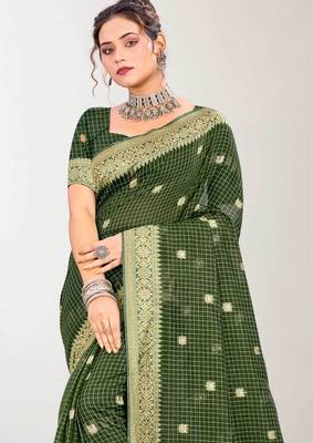 Sangam prints mehndi green cotton blend woven work traditional saree 2