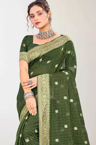 Sangam prints mehndi green cotton blend woven work traditional saree