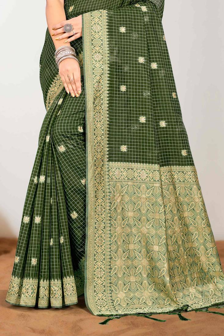 Sangam prints mehndi green cotton blend woven work traditional saree