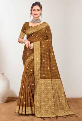 Sangam prints brown cotton blend woven work traditional saree 1