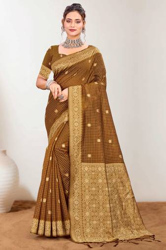 Sangam prints brown cotton blend woven work traditional saree