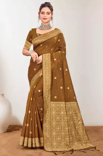 Sangam prints brown cotton blend woven work traditional saree