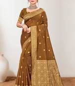 Sangam prints brown cotton blend woven work traditional saree