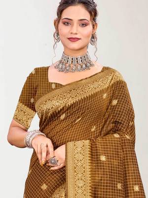 Sangam prints brown cotton blend woven work traditional saree 2