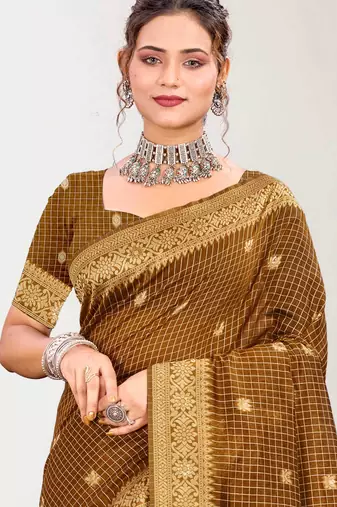 Sangam prints brown cotton blend woven work traditional saree