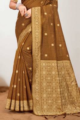 Sangam prints brown cotton blend woven work traditional saree 3