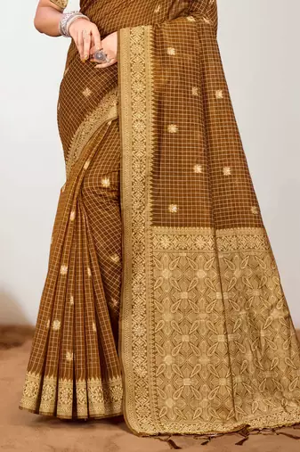Sangam prints brown cotton blend woven work traditional saree