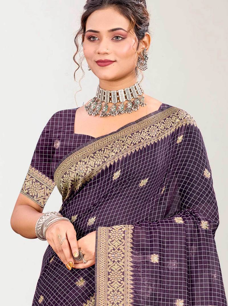 Sangam prints purple cotton blend woven work traditional saree