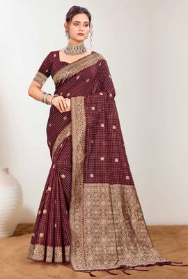 Sangam prints maroon cotton blend woven work traditional saree 1