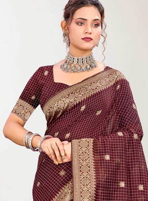 Sangam prints maroon cotton blend woven work traditional saree 2