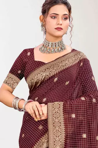 Sangam prints maroon cotton blend woven work traditional saree