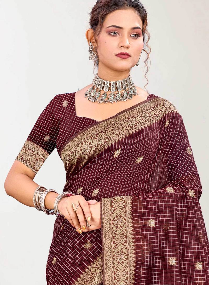 Sangam prints maroon cotton blend woven work traditional saree