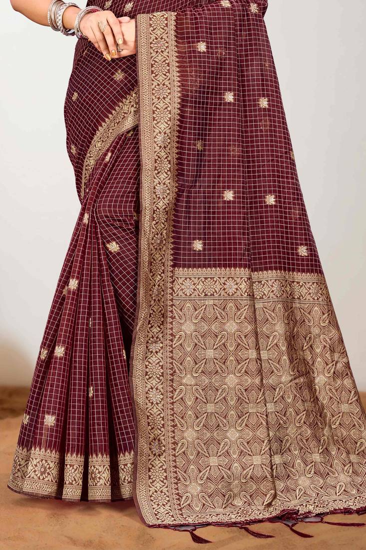 Sangam prints maroon cotton blend woven work traditional saree