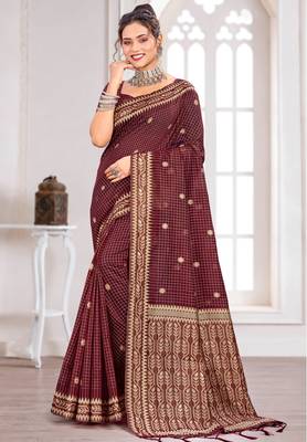 Sangam prints maroon cotton blend woven work traditional saree 1