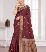 Sangam prints maroon cotton blend woven work traditional saree