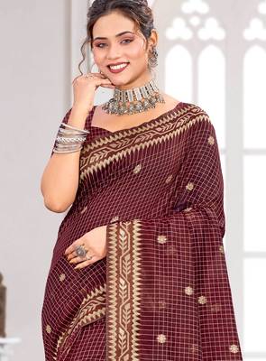 Sangam prints maroon cotton blend woven work traditional saree 2