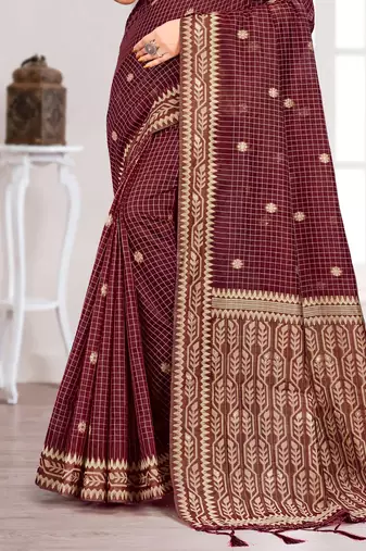 Sangam prints maroon cotton blend woven work traditional saree