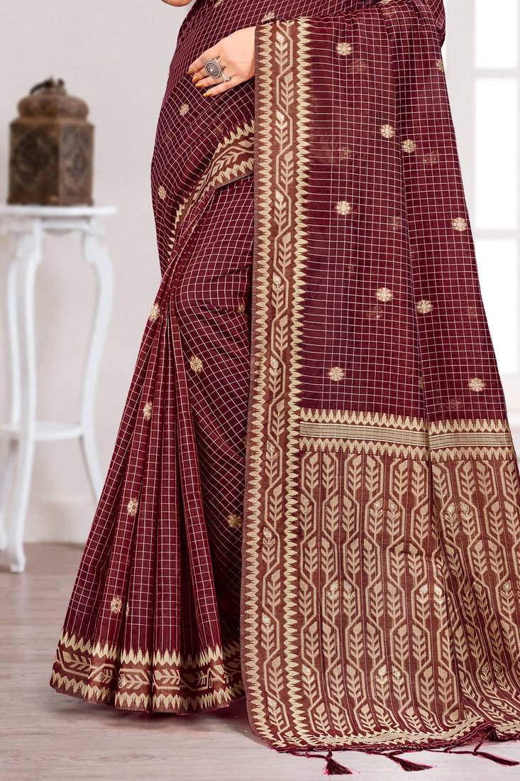 Sangam prints maroon cotton blend woven work traditional saree