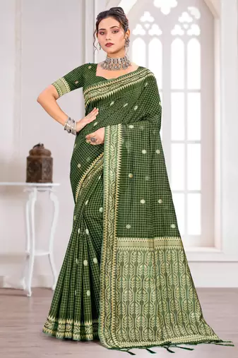 Sangam prints mehndi green cotton blend woven work traditional saree