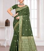 Sangam prints mehndi green cotton blend woven work traditional saree