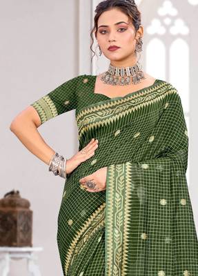 Sangam prints mehndi green cotton blend woven work traditional saree 2