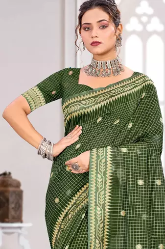 Sangam prints mehndi green cotton blend woven work traditional saree