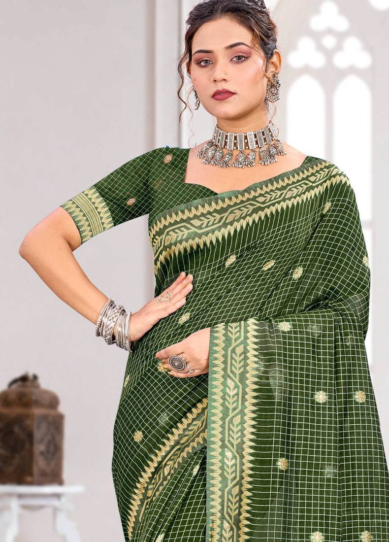 Sangam prints mehndi green cotton blend woven work traditional saree