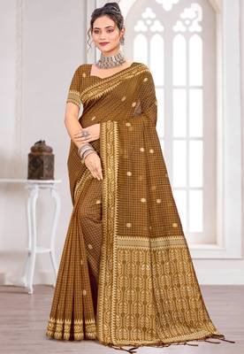 Sangam prints brown cotton blend woven work traditional saree 1