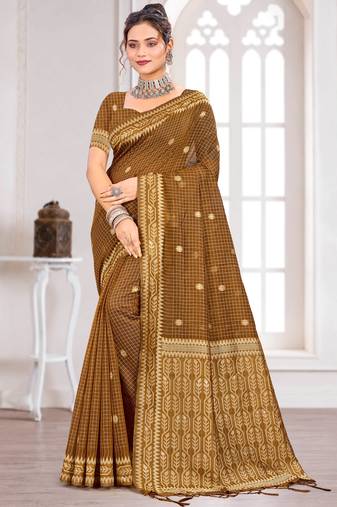 Sangam prints brown cotton blend woven work traditional saree