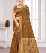 Sangam prints brown cotton blend woven work traditional saree
