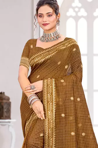 Sangam prints brown cotton blend woven work traditional saree