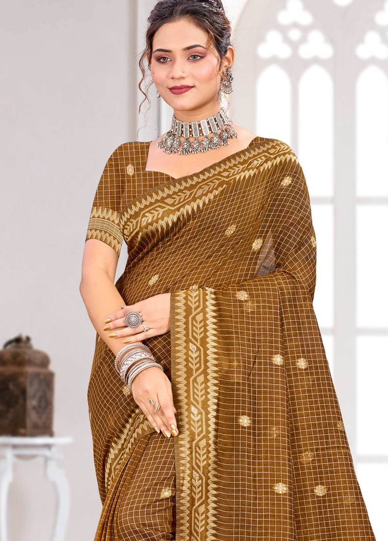 Sangam prints brown cotton blend woven work traditional saree