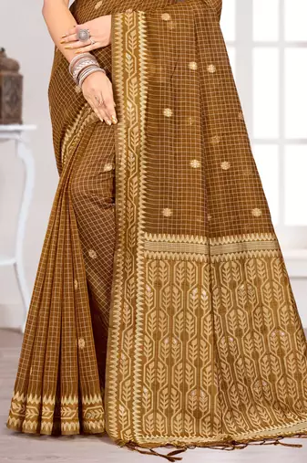 Sangam prints brown cotton blend woven work traditional saree
