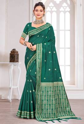 Sangam prints teal green cotton blend woven work traditional saree 1