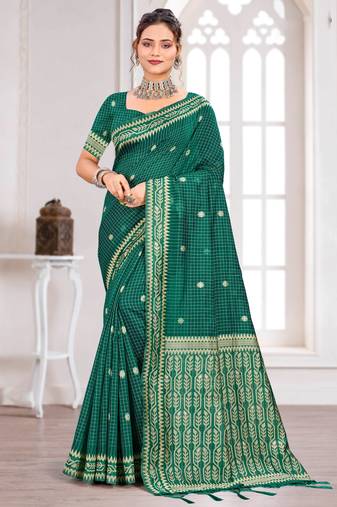 Sangam prints teal green cotton blend woven work traditional saree