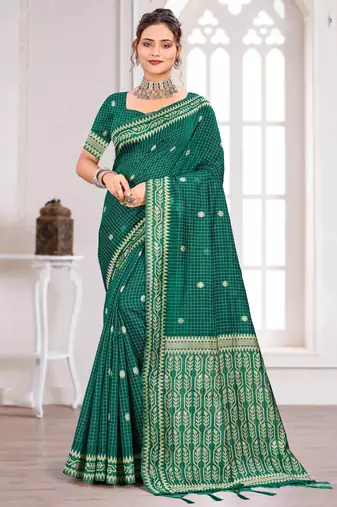 Sangam prints teal green cotton blend woven work traditional saree