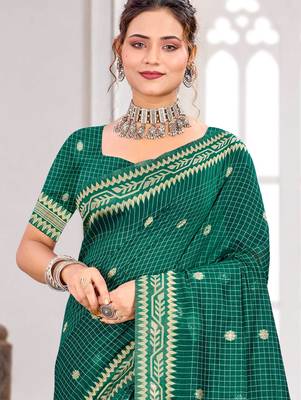 Sangam prints teal green cotton blend woven work traditional saree 2