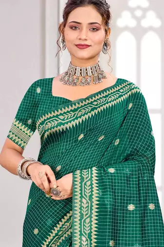 Sangam prints teal green cotton blend woven work traditional saree