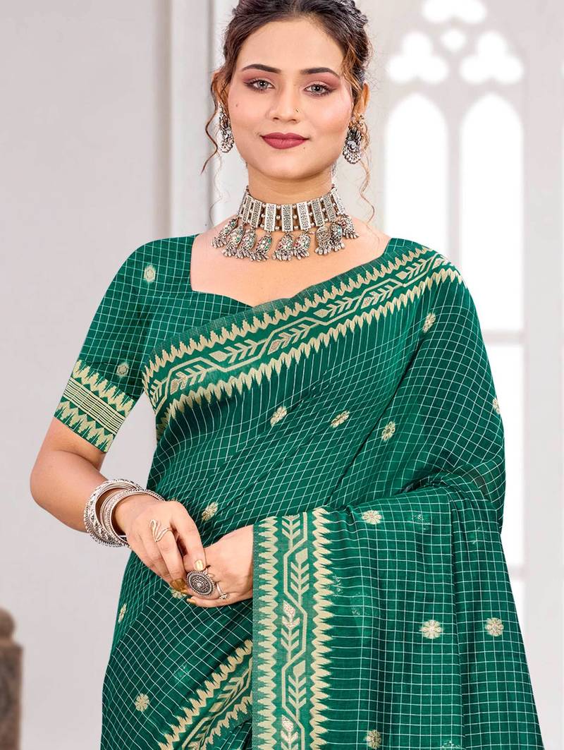 Sangam prints teal green cotton blend woven work traditional saree