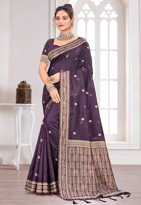 Sangam prints purple cotton blend woven work traditional saree 1