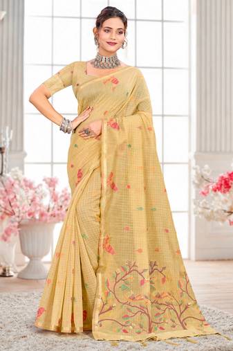 Sangam prints yellow cotton blend woven work traditional saree