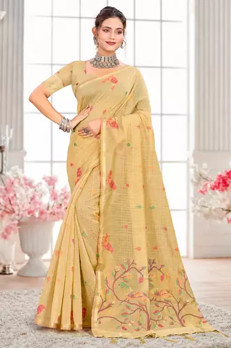 Sangam prints yellow cotton blend woven work traditional saree
